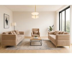 Luxe 3-Zits Banken Set – Zandkleurige Stof – Verticale Belijning – Gouden Accenten – Inclusief 2 Fauteuils