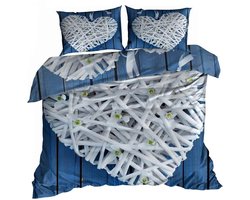 Luxe 3D Dekbedovertrekset - Katoen Satijn - 160x200 cm - Inclusief 2 Kussenslopen 70x80 cm - Design: Gevlochten Hart - Romantisch Blauw & Wit