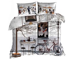 Luxe 3D Dekbedovertrekset - Katoen Satijn - 160x200 cm - Inclusief 2 Kussenslopen 70x80 cm - Design: Kawiarenka - Gezellig Café & Retro Illustratie