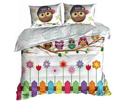 Luxe 3D Dekbedovertrekset - Katoen Satijn - 160x200 cm - Inclusief 2 Kussenslopen 70x80 cm - Design: Lente Uilen & Kleurrijke Bloemen - Kids & Home - Multicolor