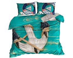 Luxe 3D Dekbedovertrekset - Katoen Satijn - 160x200 cm - Inclusief 2 Kussenslopen 70x80 cm - Design: Maritiem Anker op Turquoise Hout - Nautisch Thema