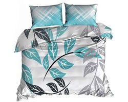 Luxe 3D Dekbedovertrekset - Katoen Satijn - 160x200 cm - Inclusief 2 Kussenslopen 70x80 cm - Design: Pastel Blaadjes - Blauw, Grijs & Grafiet - Botanisch