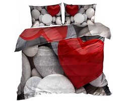 Luxe 3D Dekbedovertrekset - Katoen Satijn - 160x200 cm - Inclusief 2 Kussenslopen 70x80 cm - Design: Rood Hart op Zen Stenen - Romantisch & Wellness