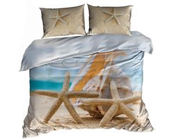 Luxe 3D Dekbedovertrekset - Katoen Satijn - 160x200 cm - Inclusief 2 Kussenslopen 70x80 cm - Design: Schelp en Zeesterren op het Strand - Ocean Breeze - Blauw/Beige