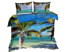 Luxe 3D Dekbedovertrekset - Katoen Satijn - 160x200 cm - Inclusief 2 Kussenslopen 70x80 cm - Design: Tropisch Eiland - Palmbomen & Azure Blauwe Zee - Exotic Paradise