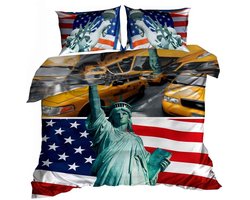 Luxe 3D Dekbedovertrekset - Katoen Satijn - 160x200 cm - Inclusief 2 Kussenslopen 70x80 cm - Design: USA New York - Amerikaanse Vlag & Taxi - Urban Style
