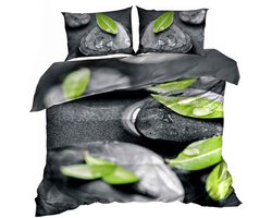 Luxe 3D Dekbedovertrekset - Katoen Satijn - 200x220 cm - Inclusief 2 Kussenslopen 70x80 cm - Design: Zen Steen met Groen Blad - Grijs & Natuur - Wellness Thema