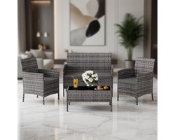 Luxe 4-delige Polyrotan Tuin Loungeset voor 4 Personen – Balkon & Terras Zitgroep met 2-zits Bank, 2 Stoelen & Glazen Tafel – Weerbestendig Outdoor Meubelset met 5 cm Kussens – Grijs Gemêleerd – MedaHomeStore