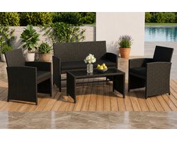 Luxe 4-delige Rattan Loungeset – Tuinset met 2-zitsbank, 2 Stoelen & Glazen Salontafel – Weerbestendige Balkonset met Comfort Kussens – Outdoor Terrasmeubilair Zwart Industrohome