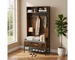 Luxe 4-in-1 garderobekast met Schoenenbank, Kapstok en Opbergruimte 90x38,5x170 cm – Industrieel Bruin – Entree Halmeubel met Kussen & Metalen Frame Casa Serena