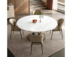 Luxe 5-Delige Eethoek: Ronde Eettafel Ø 150cm (Sintered Stone / Keramiek Marmerlook) inclusief 4 Kaki Eetkamerstoelen (Microvezel Leer) - Koolstofstaal Onderstel - Hittebestendig & Modern Design