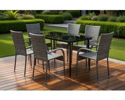 Luxe 5-Delige Rattan Tuinset voor 4 Personen – Moderne Eettafel met Glasplaat & Comfortabele Stoelen – MedaHomeStore