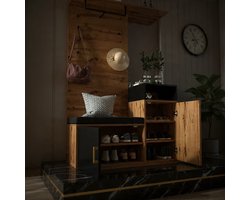 Luxe 5-in-1 kledingkastset - Houten Halmeubel met spiegel, Zitbank met kusjes, Schoenenkast en 6 Gouden kledinghaken - Compacte en multifunctionele opbergoplossing - Modern, Scandinavisch design - 105x40x190,5 cm - Houtkleur/Zwart - Casa Serena