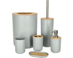 Luxe 6-delige bamboe badkamer set / toiletset grijs - zeepdispenser - tandenborstelhouder - toiletborstel - prullenbak zeepbakje - opberg beker