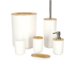 Luxe 6-delige bamboe badkamer set / toiletset wit - zeepdispenser - tandenborstelhouder - toiletborstel - prullenbak zeepbakje - opberg beker