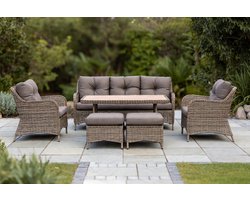 Luxe 6-delige Loungeset Tuin – Beige Polyrotan Outdoor Lounge Set met Bank, 2 Stoelen, 2 Krukken & Opbergtabel – Weerbestendige Tuinmeubelen met Kussens – Modern Design Balkon & Terras Set,Furnitureland