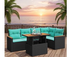 Luxe 6-delige Tuin Loungeset Zwart – Hoekbank met Kussens, Poly Rattan, Verstelbare Tafel & Opbergruimte – Comfortabele Buitenbank voor Tuin, Terras en Balkon House&Garden