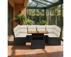 Luxe 7-delige Modulaire Tuin Loungeset met Verstelbare Tafel – Polyrotan Outdoor Lounge Set met Kussens – Weerbestendig Tuinmeubel Zwart/Crème IndustroHome