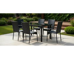 Luxe 7-Delige Tuinset voor 6 Personen – Poly Rattan Biergarten Stijl – Stijlvolle Tuinmeubelen met Glazen Tafel en Stapelbare Stoelen – Zwart | MedaHomeStore