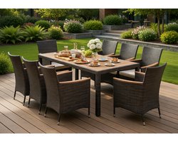 Luxe 9-Delige Tuinset met 8 Stoelen en Grote Eettafel – Polyrotan Tuinmeubelset met Acaciahouten Tafelblad, Inclusief Kussens – Weerbestendig & Stijlvol voor Tuin, Terras en Balkon Medahomestore