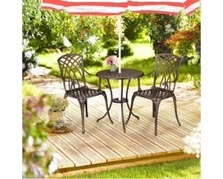 Luxe Antieke Aluminium Bistroset 2 Personen met Parasolgat – 3-Delige Wit-Brons Tuinset 60 x 60 x 67 cm voor Balkon, Terras en Tuin