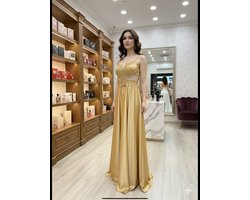 Luxe Avondjurk Satijn met Kant – Galajurk / Feestjurk (Meerdere Kleuren) - Gold