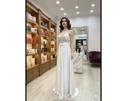 Luxe Avondjurk Satijn met Kant – Galajurk / Feestjurk (Meerdere Kleuren) - White