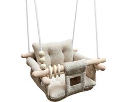 Luxe Baby / Kinder Schommel voor binnen of buiten! - Baby Swing Teddy Stof Beige - Schommelstoel inclusief Zachte Kussens, Veiligheidsriem en Bevestigingsmaterialen - Gemonteerd Verzonden! BEKEND VAN TV!