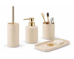 Luxe Badkamer Accessoires Set Beige – Zeepdispenser, Toiletborstel, Tandenborstelhouder & Tray – Gerecycled Materiaal – Moderne Badkamer Set – Duurzaam Design – Beige Badkamer Accessoires Set