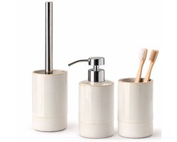 Luxe Badkamer Accessoires Set Lichtgrijs – Zeepdispenser, Toiletborstel & Tandenborstelhouder – Keramiek & Steengoed (30% Gerecycled) – Moderne Badkamer Set – Minimalistisch Design – Lichtgrijs Badkamer Accessoire