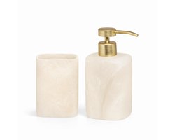 Luxe Badkamer Set Elvora – Zeepdispenser & Beker – Beige Marmerlook met Gouden Pomp