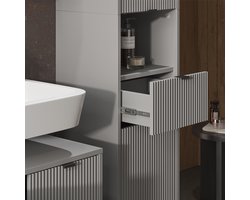 Luxe Badkamerkast “Eliza” – Hoge Kolomkast met Deuren & Lade – 40x190 cm – Grijs – Moderne Opbergkast voor Badkamer – Smalle Staande Badmeubel Kast met Planken & Lade – Design Badkamermeubel