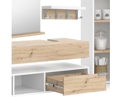 Luxe Badkamermeubel Set “Henri Deluxe” – Wit / Eiken Artisanaal – Inclusief Spiegel, Wandrek, Wastafelblad & Hoge Kast – Modern Hangend Badkamermeubel met Opbergruimte