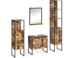 Luxe Badkamermeubelset Fyrk Deluxe – Eiken Rustiek/Zwart – 4-delige Set met Spiegelkast, Wastafelonderkast, Hoge Kast & Midi Kast – Industrieel Design – Metaal & Houtlook