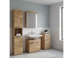 Luxe Badkamermeubelset “Luna Premium” – Eiken Wotan – 5-Delige Complete Set met Spiegelkast, Wasbakonderkast & Opbergruimte – Modern Design – Soft-Close – Houtlook – 60 cm – Badkamerkastenset