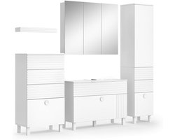Luxe Badkamermeubelset Sola Wit – Complete 4-Delige Badkamerkast Set met Spiegelkast, Hoge Kast, Midi Kast & Wastafelmeubel – Modern Wit MDF / Houtlook – Inclusief Montagemateriaal
