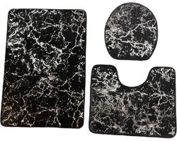 Luxe badmat- Badmatten set - Wc mat - Douchemat - Toiletbril hoes - Toiletmat - Badkamer mat - Zwart met zilver - Antislip - Zacht - Kwaliteitsmat - 90 x 60