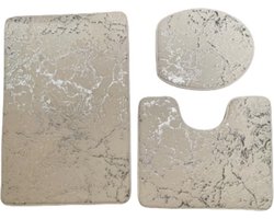 Luxe badmat- Badmatten set - Wc mat - Toiletbril hoes - Toiletmat - Badkamer mat - Creme met zilver - Antislip - Zacht - Kwaliteitsmat - 90 x 60