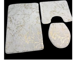 Luxe badmat- Badmatten set - Wc mat - Toiletbril hoes - Toiletmat - Badkamer mat - Wit met goud - Antislip - Zacht - Kwaliteitsmat - 90 x 60