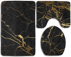 Luxe badmat- Badmatten set - Wc mat - Toiletbril hoes - Toiletmat - Badkamer mat - Zwart met goud - Antislip - Zacht - Kwaliteitsmat - 90 x 60