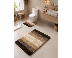 Luxe Badmat Set 2-Delig – Microvezel Badmatten – Antislip TPR – Super Zacht – Waterabsorberend – Machinewasbaar – Bruin/Beige