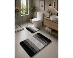 Luxe Badmat Set 2-Delig Zwart/Grijs – Microvezel Badmatten – Antislip TPR – Zacht & Waterabsorberend – Machinewasbaar