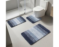 Luxe Badmat Set 3-Delig – Microvezel Badkamermatten – Antislip TPR – Super Zacht – Waterabsorberend – Machinewasbaar – Badkamer & Toiletmat – Blauw