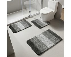 Luxe Badmat Set 3-Delig – Microvezel Badkamermatten – Antislip TPR – Super Zacht – Waterabsorberend – Machinewasbaar – Badkamer & Toiletmat – Lichtgrijs/Grijs