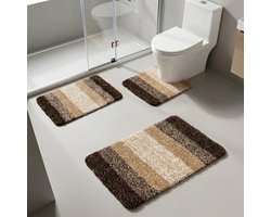 Luxe Badmat Set 3-Delig – Microvezel Badkamermatten – Antislip TPR – Super Zacht & Waterabsorberend – Machinewasbaar – Badkamer & Toiletmat Set – Bruin/Beige