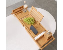 Luxe Bamboe Badrekje Uitschuifbaar met Boekenhouder / Tablethouder - Uitschuifbaar badrek van: 75 tot 110 cm - Bamboe Hout - Badplank met Boekenhouder + Plaats voor Kaars en Glas Wijn - Bamboe kleur