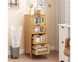 Luxe Bamboe Ladekast met 4 Lades & Gehard Glazen Front – Modern Dressoir in Mid-Century Stijl voor Woonkamer, Slaapkamer of Hal – Natuurlijk Design Kast 40x40x97 cm