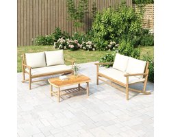 Luxe Bamboe Tuinbank met Crèmewit Kussen 116,5 x 59 x 23 cm – Duurzame Balkonbank & Terrasbank met Rugleuning voor Comfortabele Buitenmomenten
