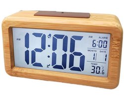 Luxe Bamboe Wekker / Bureau klok / incl. Datum / Alarm / Temperatuur aanduiding met snooze functie