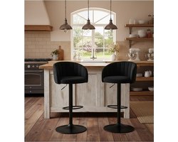 Luxe Barkrukken Set van 2 | 360° Draaibaar | Hoogte Verstelbaar | Melkfluweel Bekleding | Barkruk met Rugleuning & Armleuning | Comfortabele Keuken- en Barstoelen | Vita Interior – Zwart